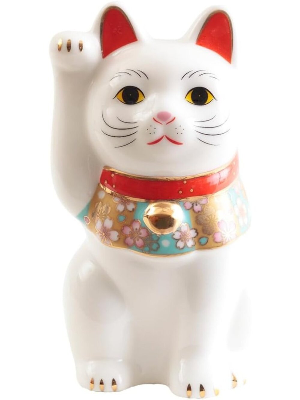Japanese Lucky Cat Figurine with Cherry Blossom Design - Porcelain Decor in Box